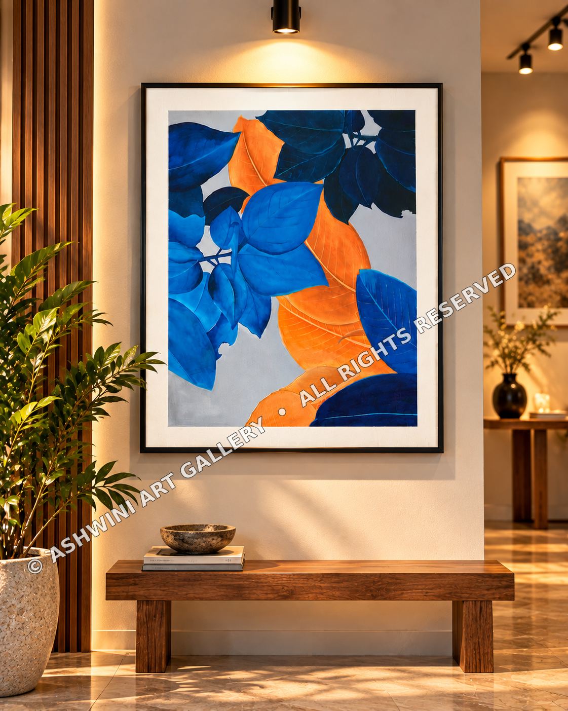 Dance of Blue and Flame displayed in a styled interior
